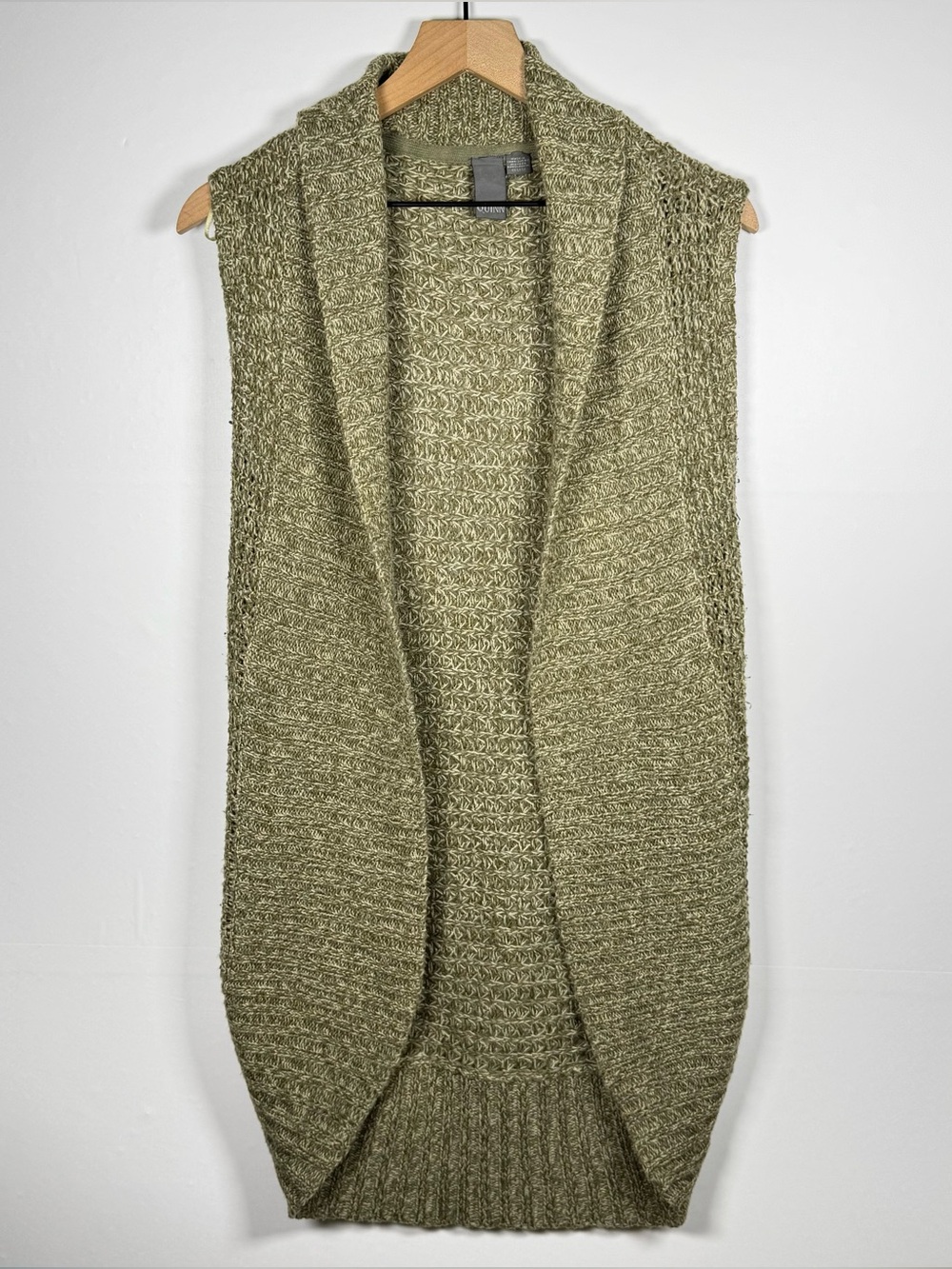QUINN Olive Green Longline Knit Round Hem Shawl Collar Sweater Vest Sz M